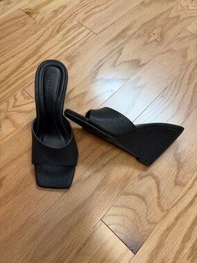 Open Edit Black Textured Wedge Slide Sandals